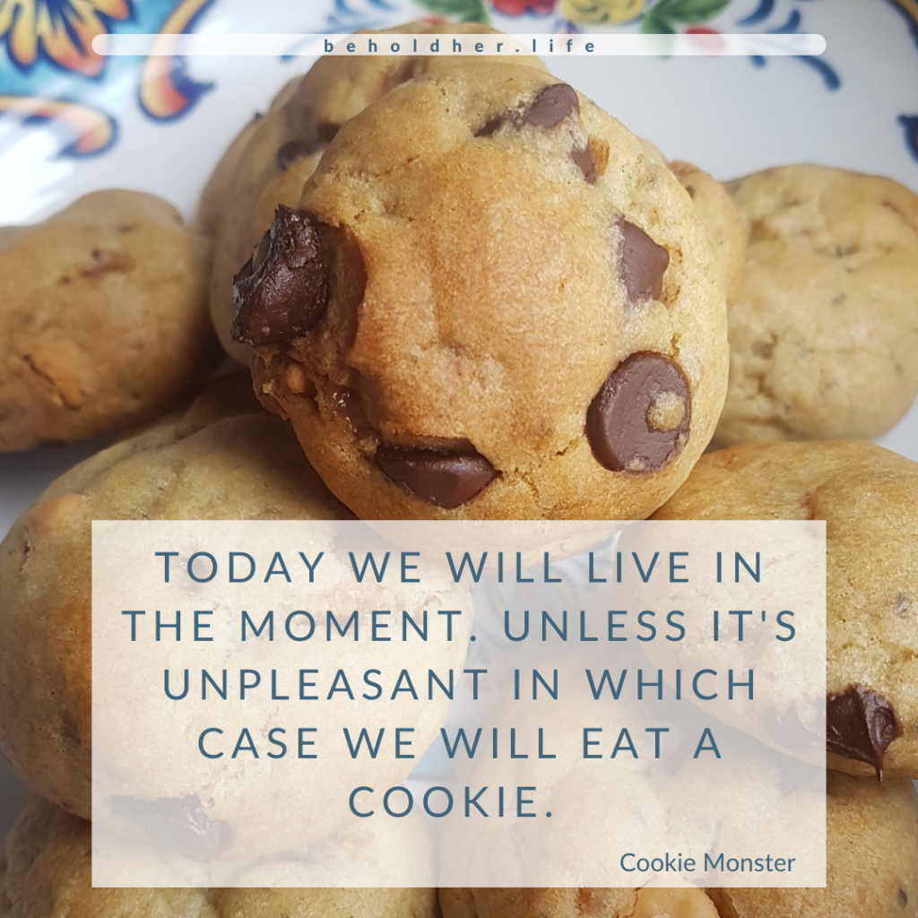 beholdher.life
Today we will live in the moment. Unless it's unpleasant in which case we will eat a cookie. - Cookie Monster quote. Photo of Chocolate Chip & Chia Seed Two-Bite Cookies